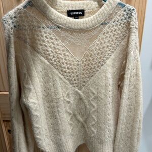 Express Cream Lace-Yoke Cable Knit Crewneck Sweater